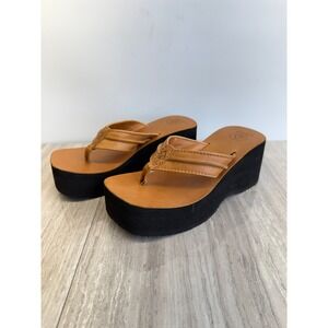Rare Y2K Reef Vintage 8 Brown Leather Chunky Platform Thong Sandals Flip Flops
